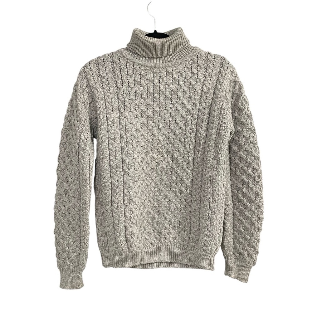 INIS CRAFTS Aran Wool Fisherman's Cable Knit Turtleneck Sweater Grey S